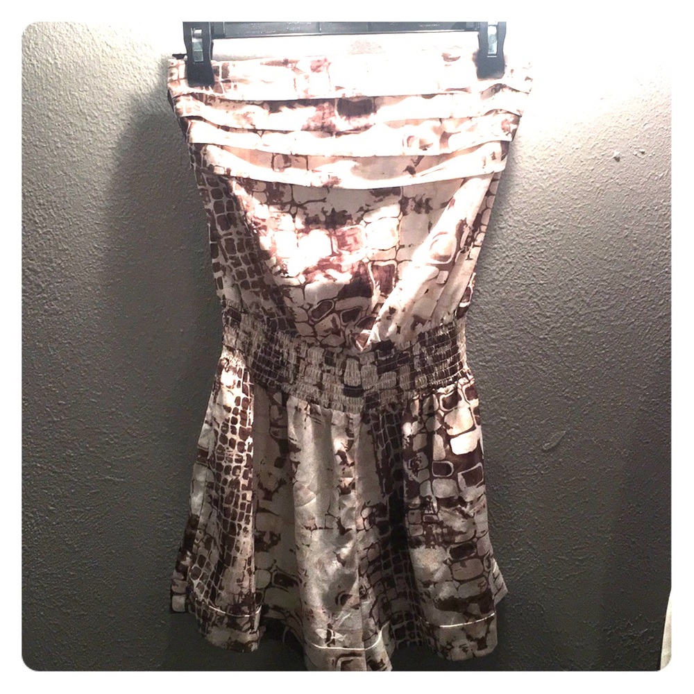 BEBE Soft Ivory and Brown Strapless Romper, Small